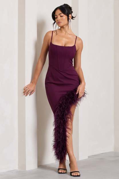 High Status Burgundy Strappy Corset Asymmetric Maxi Dress With Feather Trim-Fashionmomo.All Rights Reserved