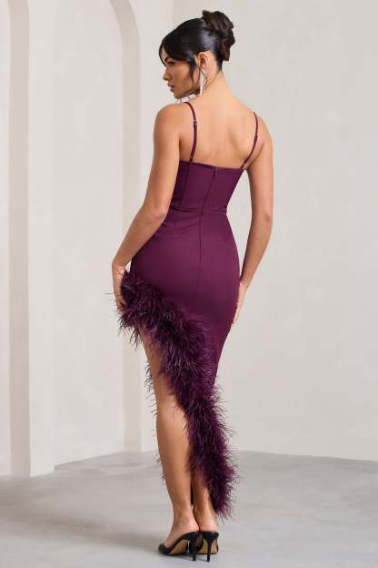 High Status Burgundy Strappy Corset Asymmetric Maxi Dress With Feather Trim-Fashionmomo.All Rights Reserved