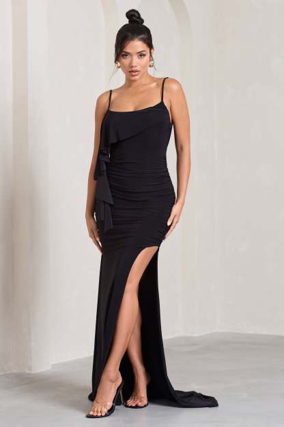 In Whispers Black Split Maxi Dress-Fashionmomo.All Rights Reserved