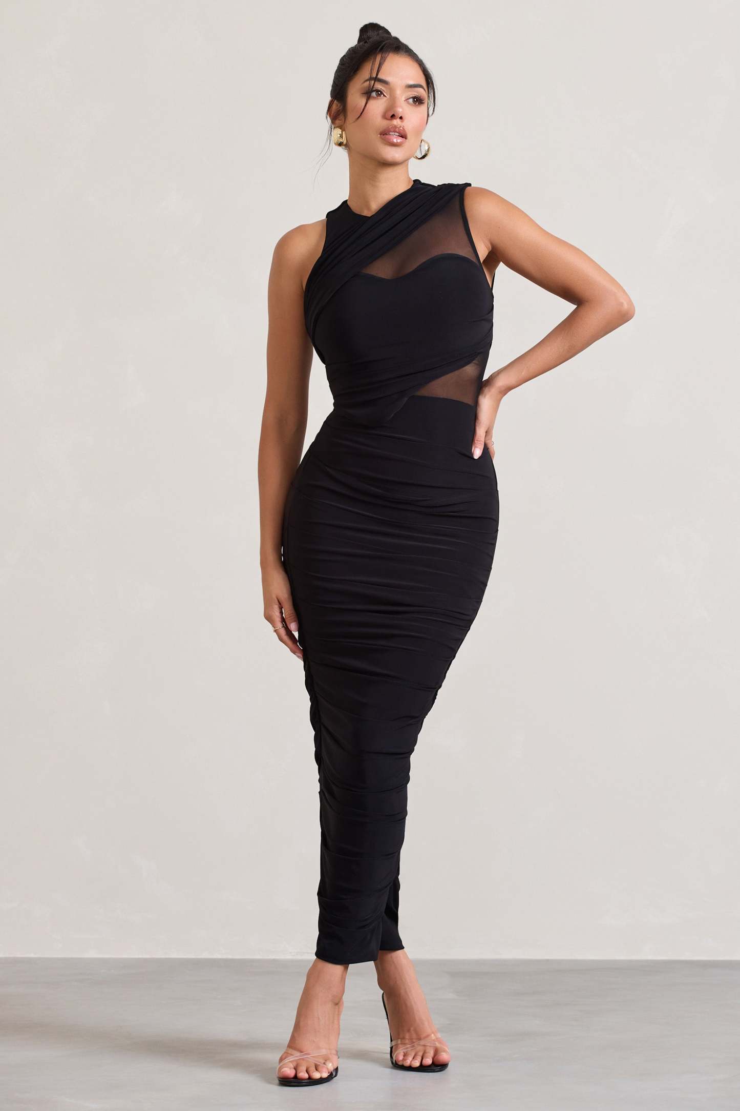 Born With It Black Sleeveless High-Neck Draped Maxi Dress With Mesh Inserts-Fashionmomo.All Rights Reserved