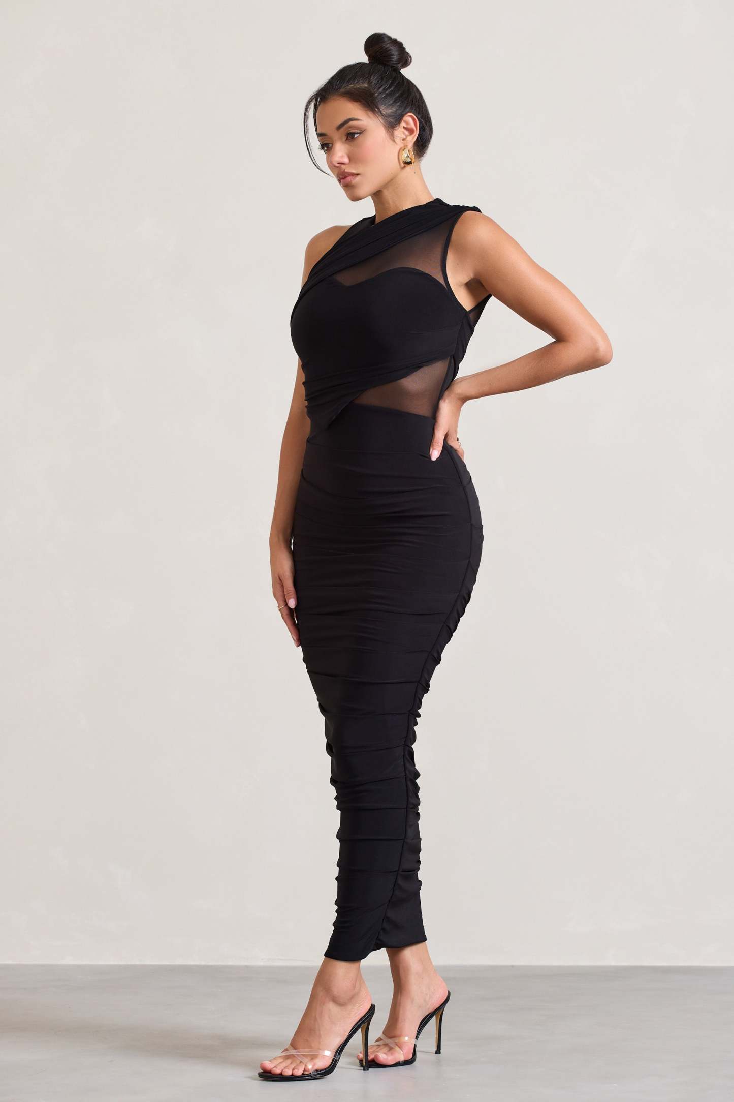 Born With It Black Sleeveless High-Neck Draped Maxi Dress With Mesh Inserts-Fashionmomo.All Rights Reserved