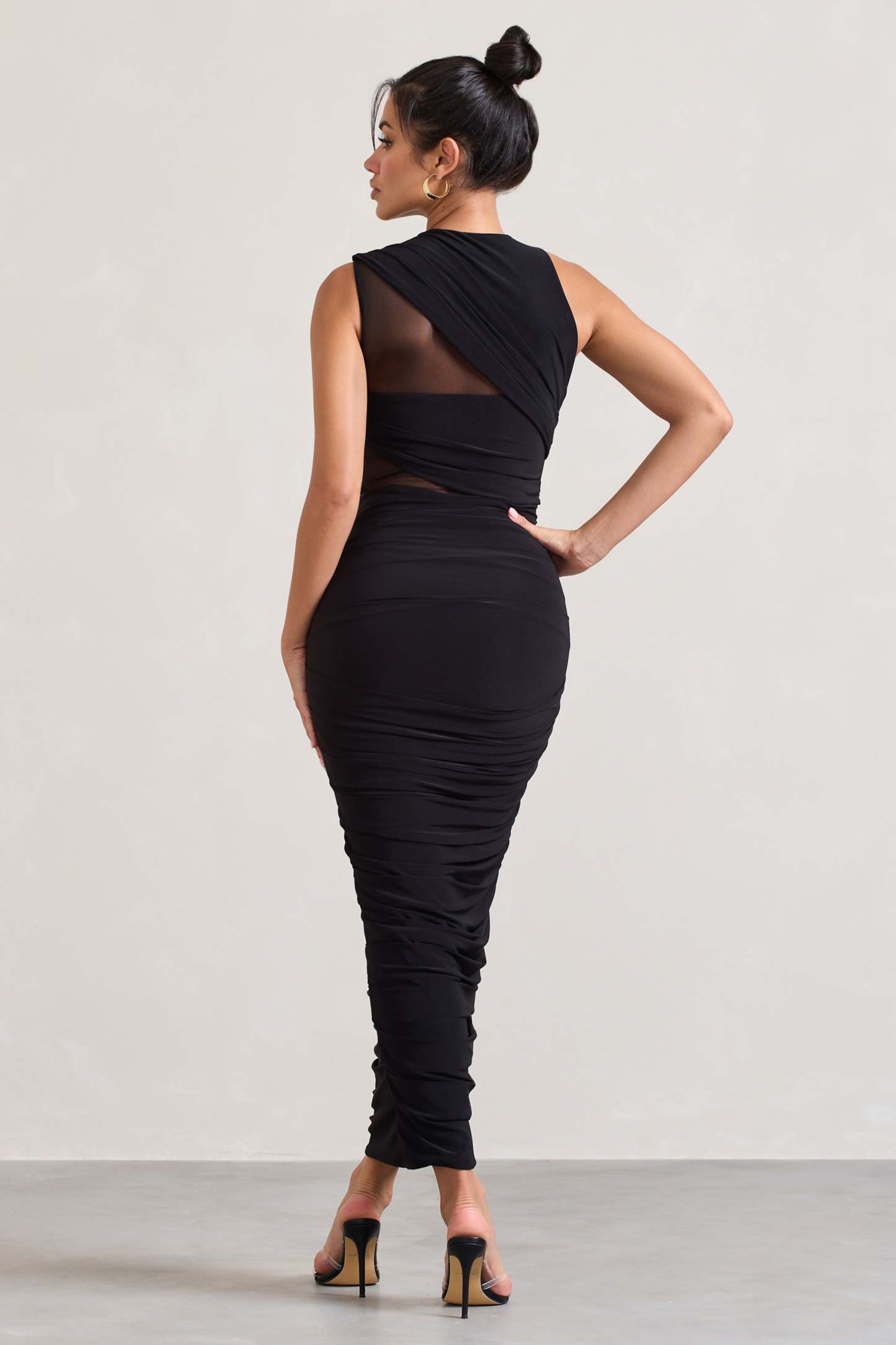 Born With It Black Sleeveless High-Neck Draped Maxi Dress With Mesh Inserts-Fashionmomo.All Rights Reserved