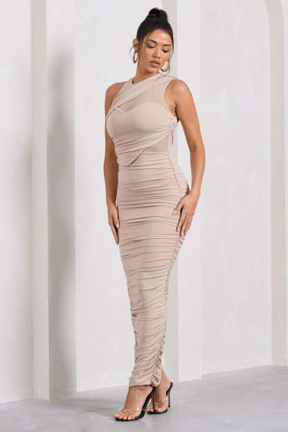 Born With It Champagne Sleeveless High-Neck Draped Maxi Dress With Mesh Inserts-Fashionmomo.All Rights Reserved