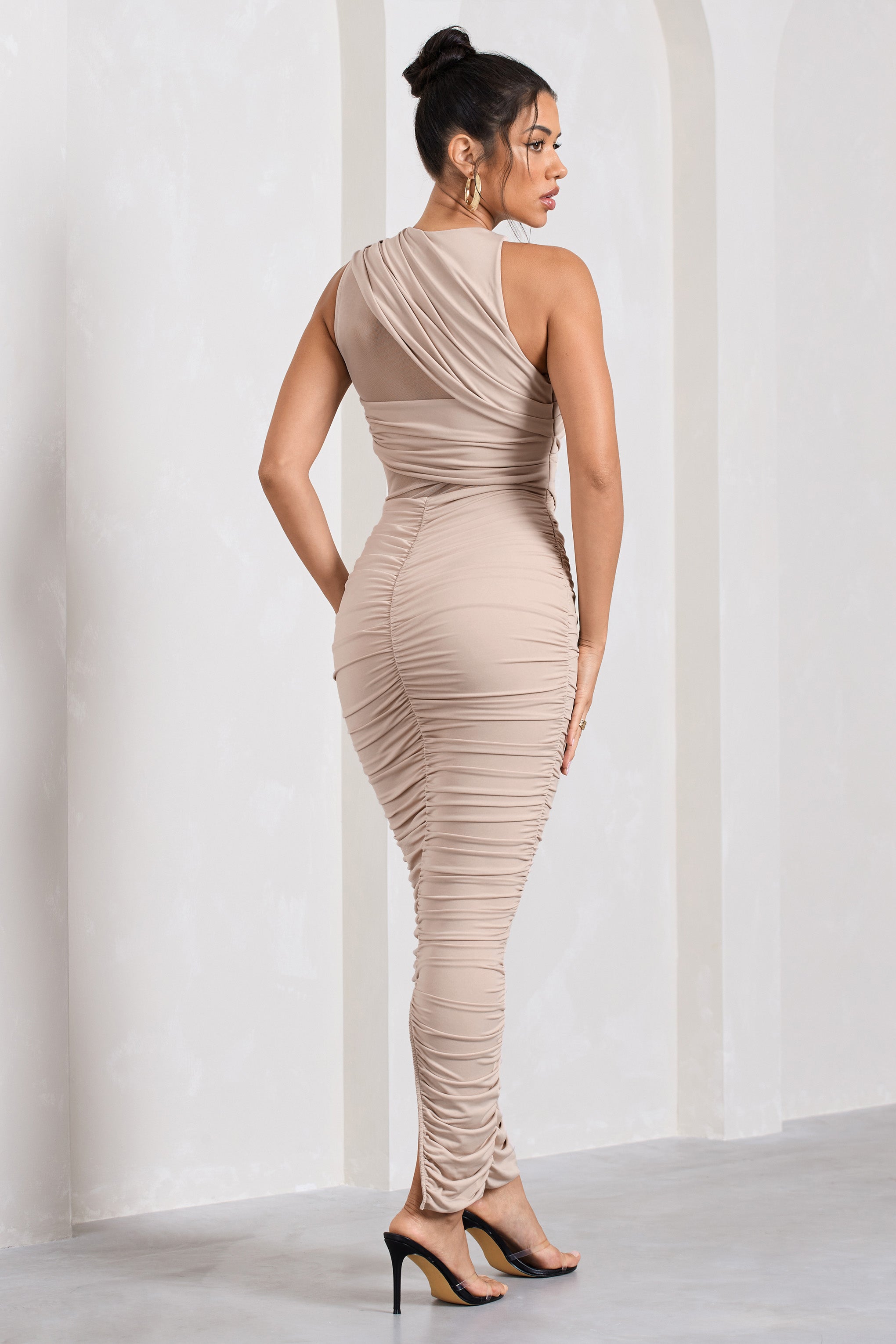 Born With It Champagne Sleeveless High-Neck Draped Maxi Dress With Mesh Inserts-Fashionmomo.All Rights Reserved
