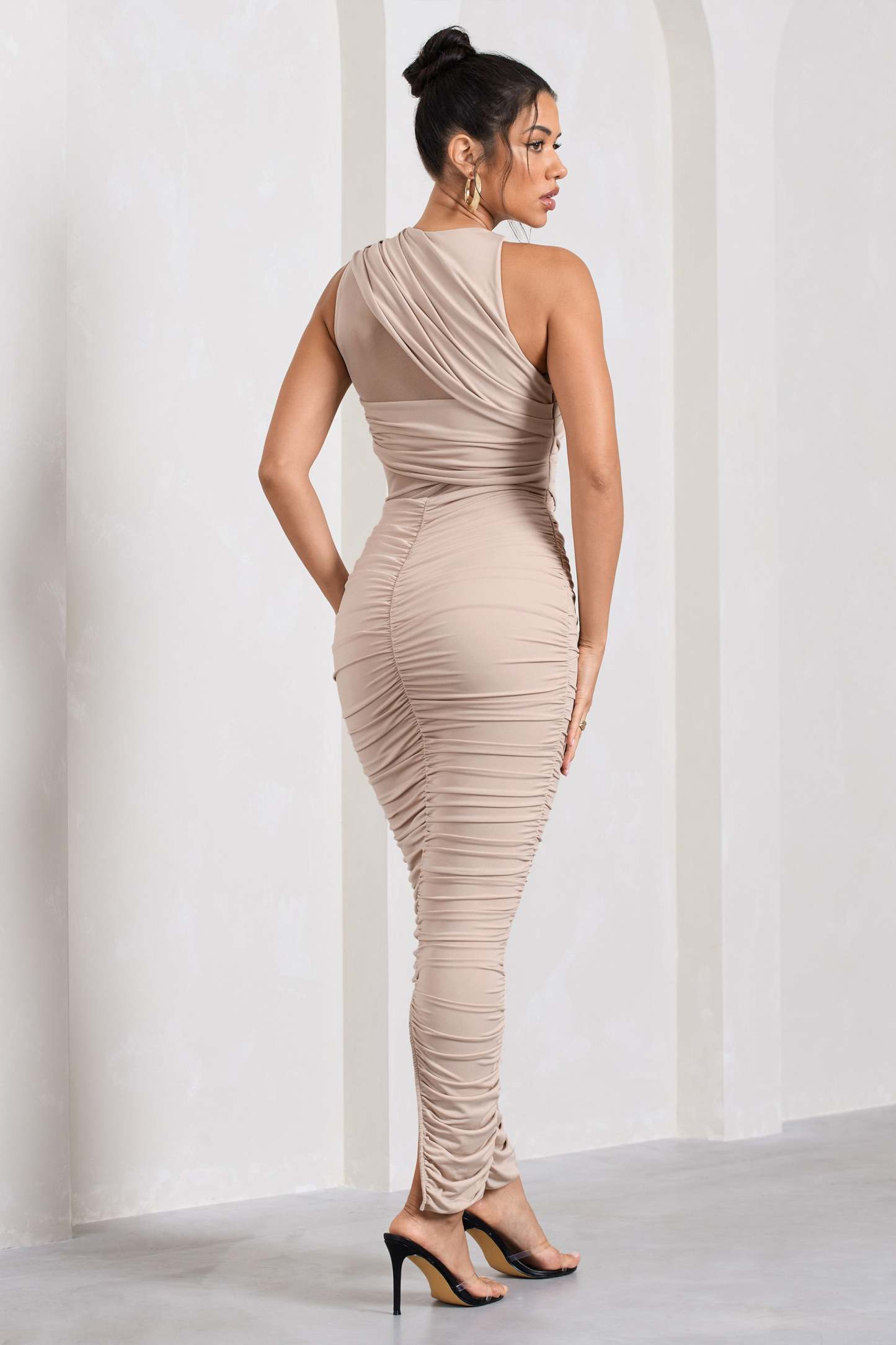 Born With It Champagne Sleeveless High-Neck Draped Maxi Dress With Mesh Inserts-Fashionmomo.All Rights Reserved