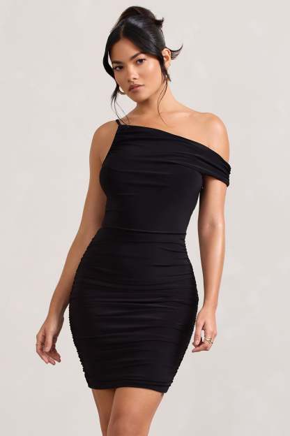 Front Page Black Ruched Asymmetric Bodycon Mini Dress-Fashionmomo.All Rights Reserved