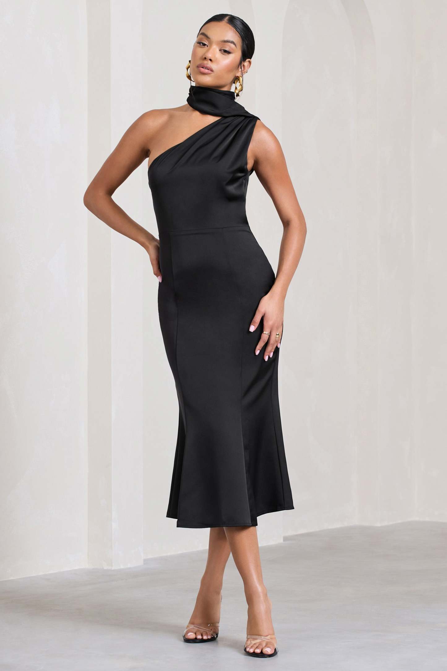 Golden Girl Black Satin Asymmetric High-Neck Flared Midi Dress-Fashionmomo.All Rights Reserved