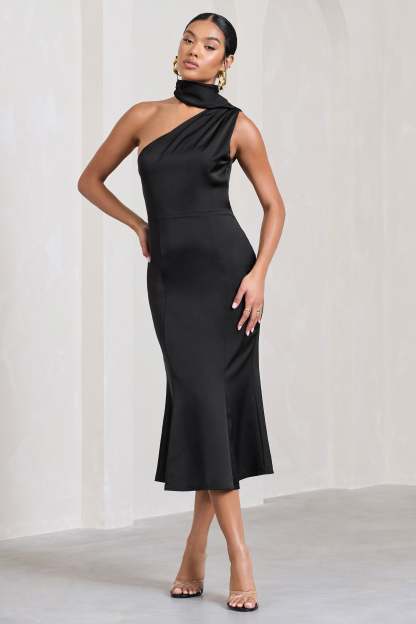 Golden Girl Black Satin Asymmetric High-Neck Flared Midi Dress-Fashionmomo.All Rights Reserved