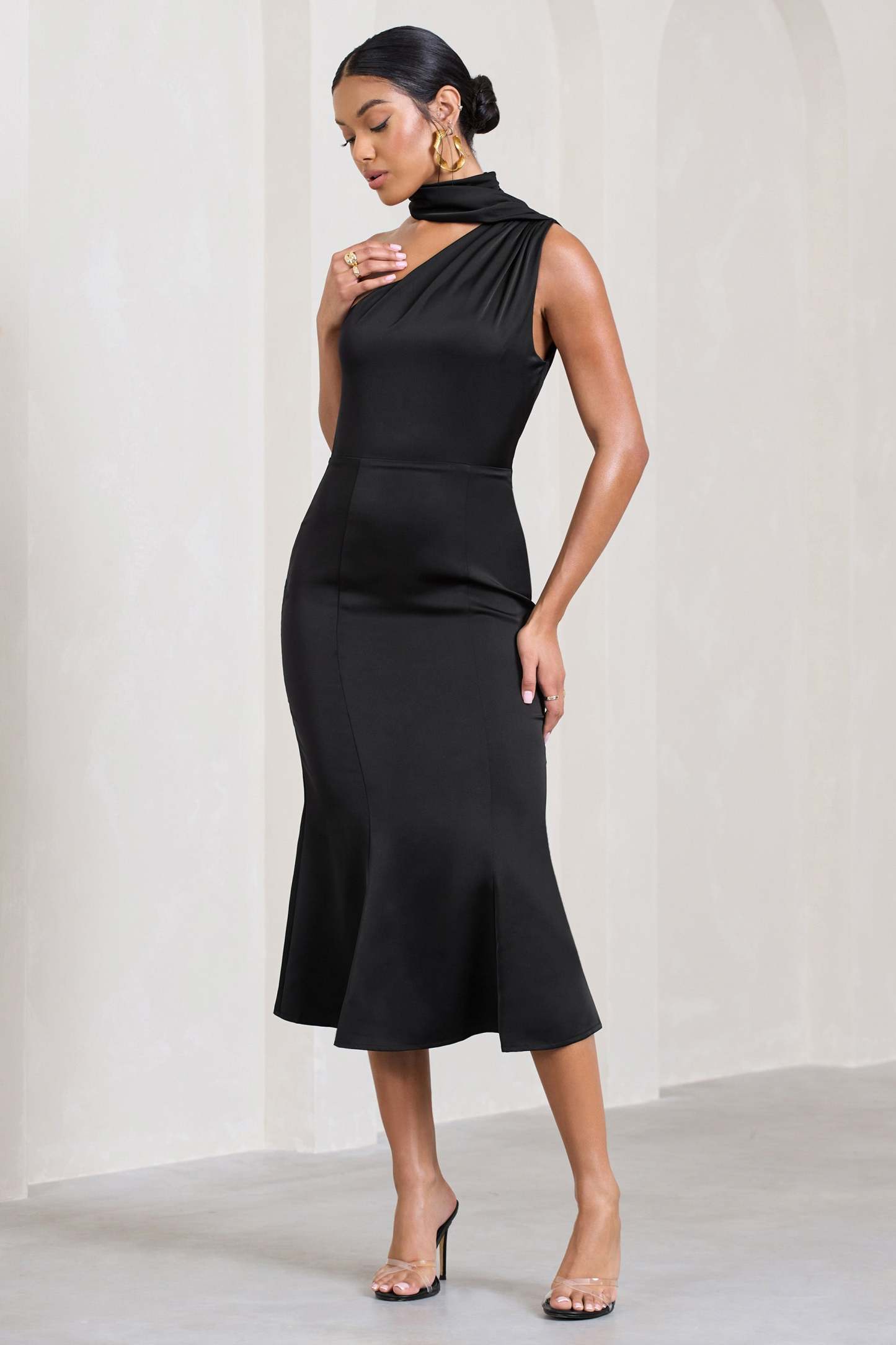 Golden Girl Black Satin Asymmetric High-Neck Flared Midi Dress-Fashionmomo.All Rights Reserved