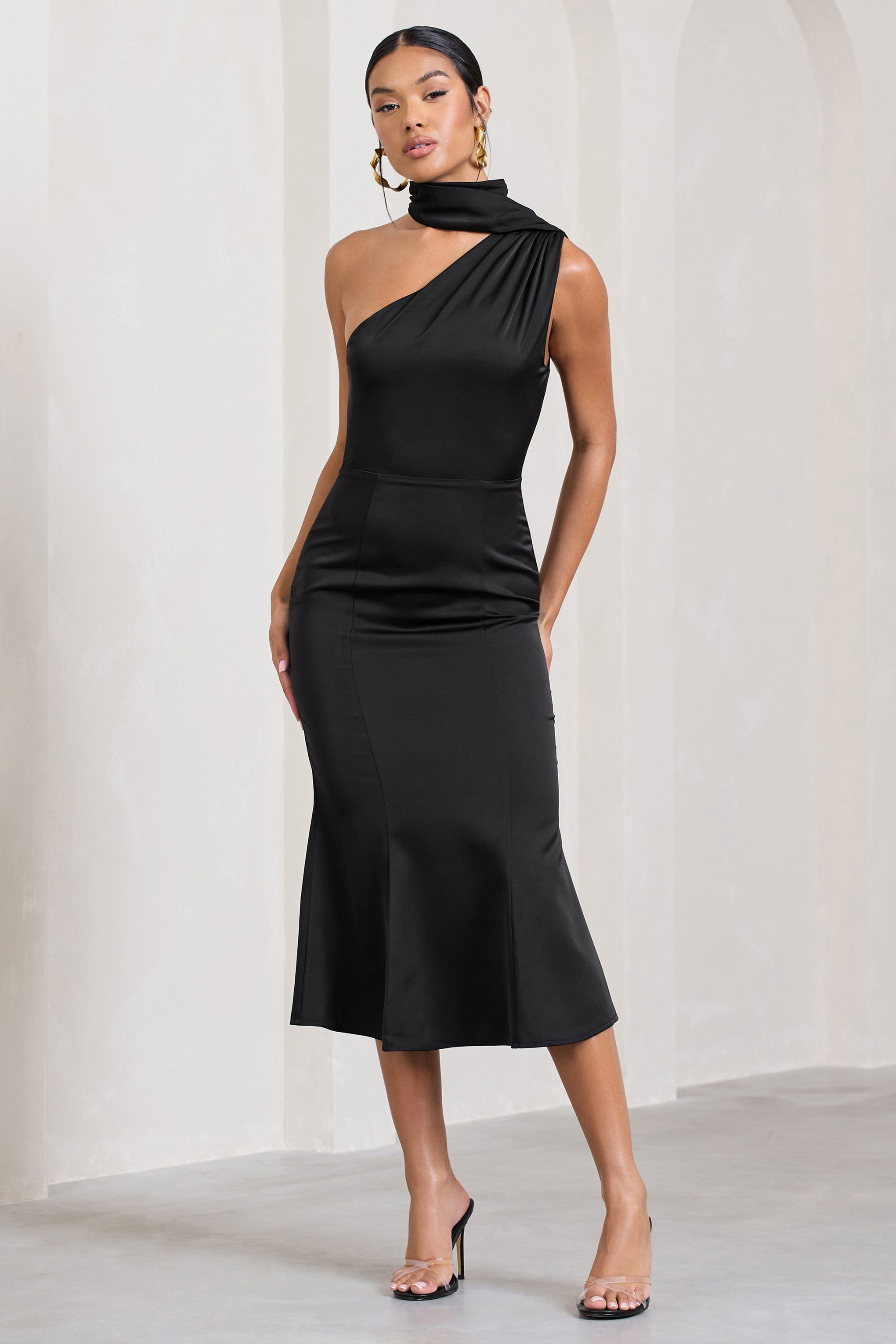 Golden Girl Black Satin Asymmetric High-Neck Flared Midi Dress-Fashionmomo.All Rights Reserved