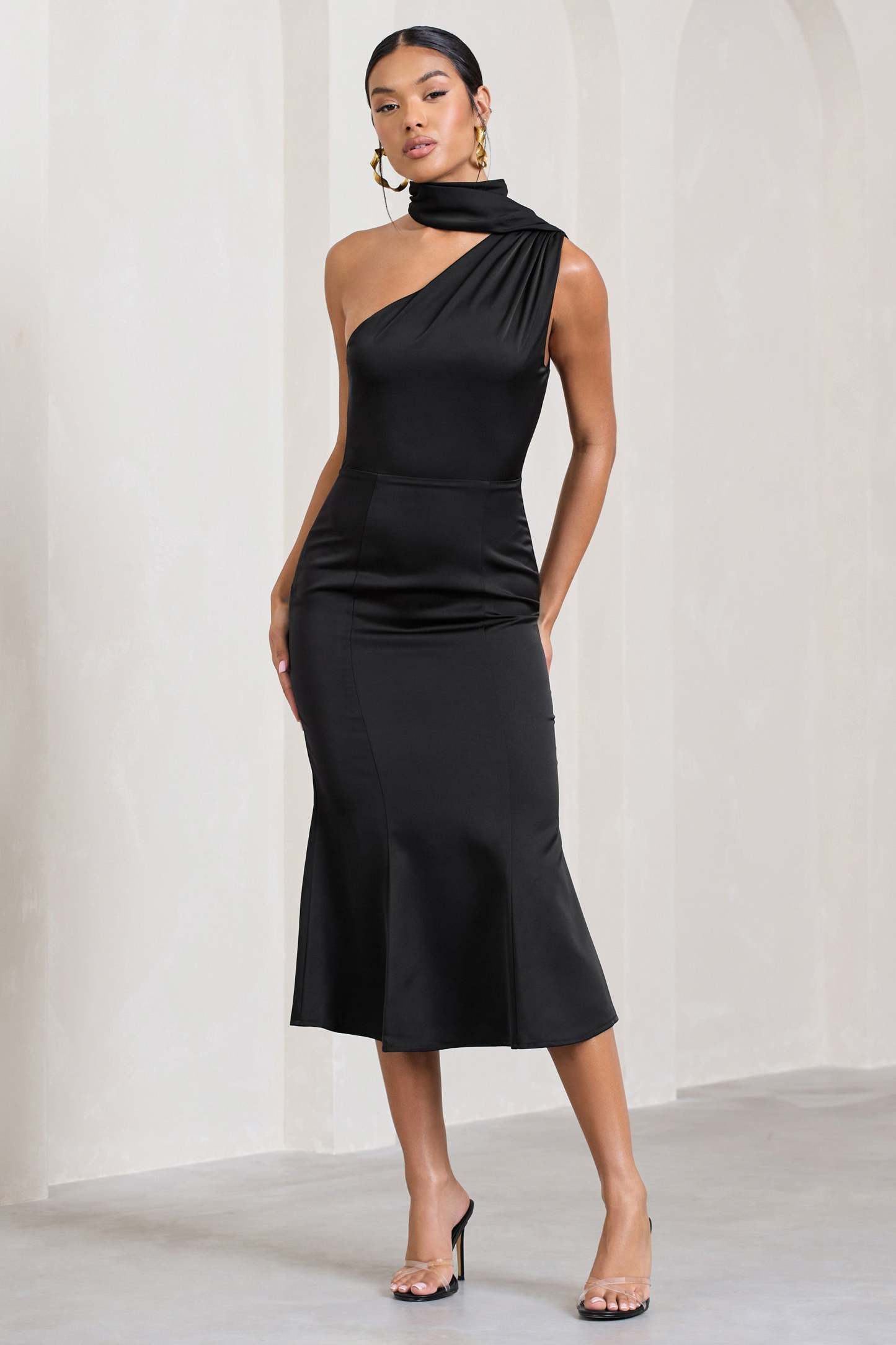 Golden Girl Black Satin Asymmetric High-Neck Flared Midi Dress-Fashionmomo.All Rights Reserved