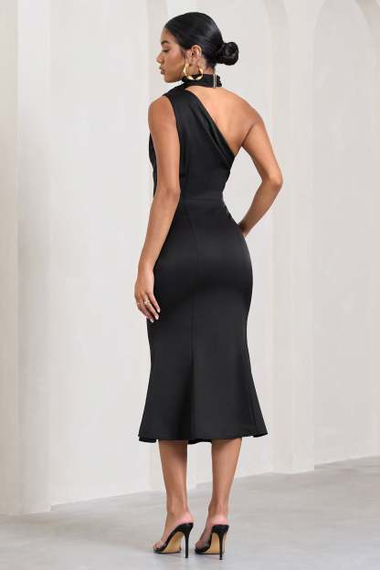 Golden Girl Black Satin Asymmetric High-Neck Flared Midi Dress-Fashionmomo.All Rights Reserved