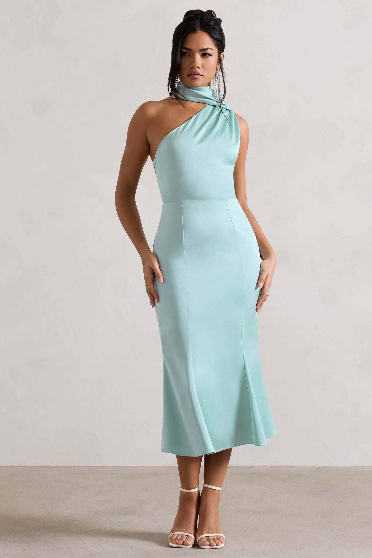 Golden Girl Mint Satin Asymmetric High-Neck Flared Midi Dress-Fashionmomo.All Rights Reserved