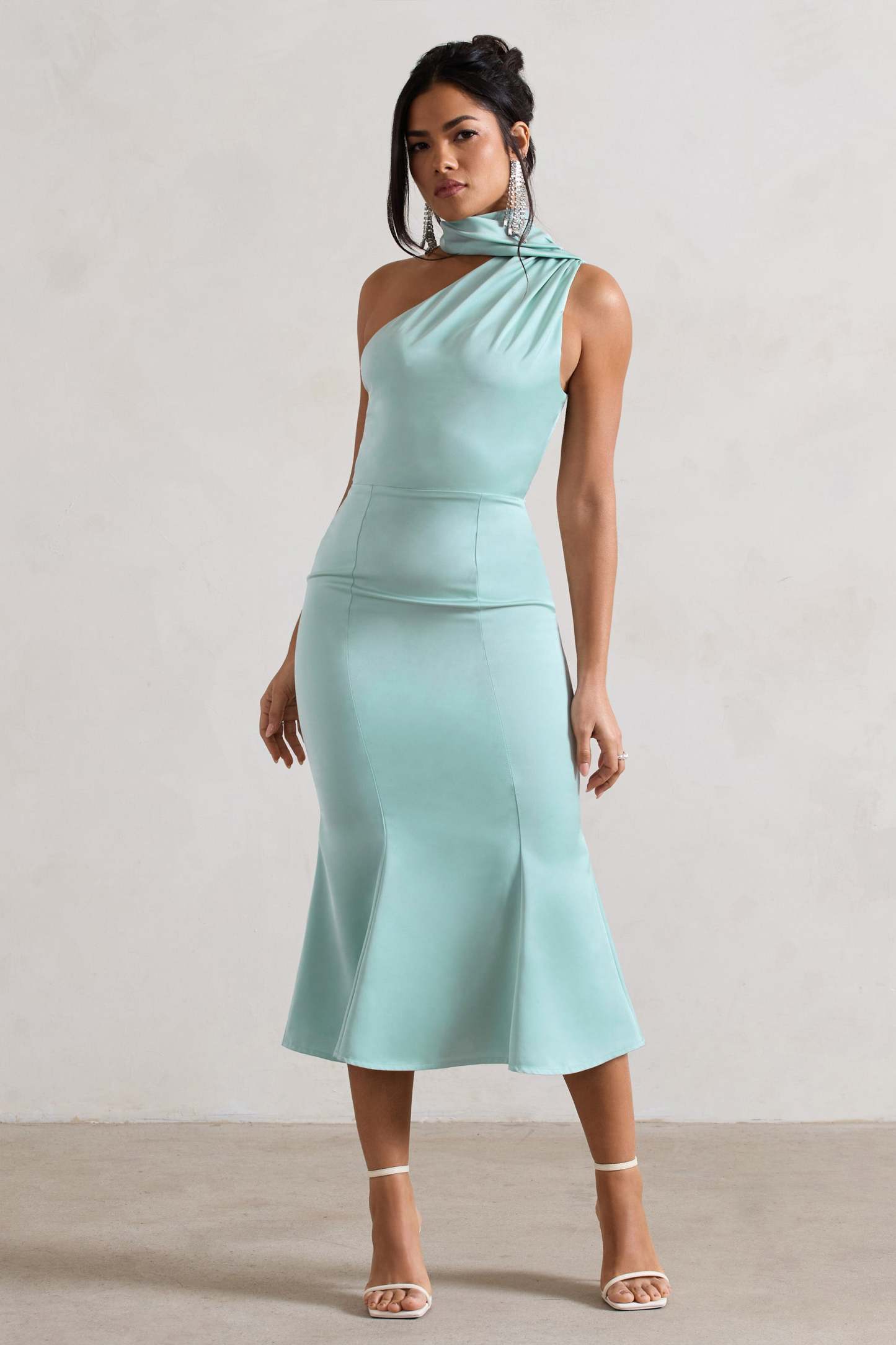 Golden Girl Mint Satin Asymmetric High-Neck Flared Midi Dress-Fashionmomo.All Rights Reserved