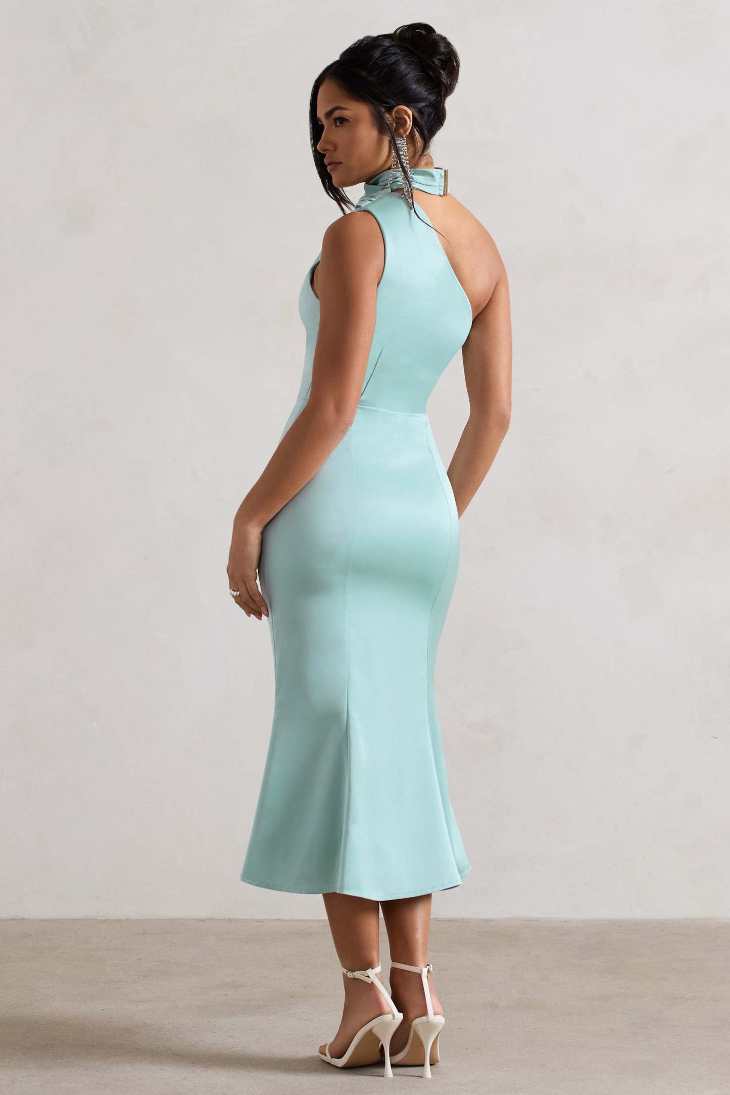 Golden Girl Mint Satin Asymmetric High-Neck Flared Midi Dress-Fashionmomo.All Rights Reserved