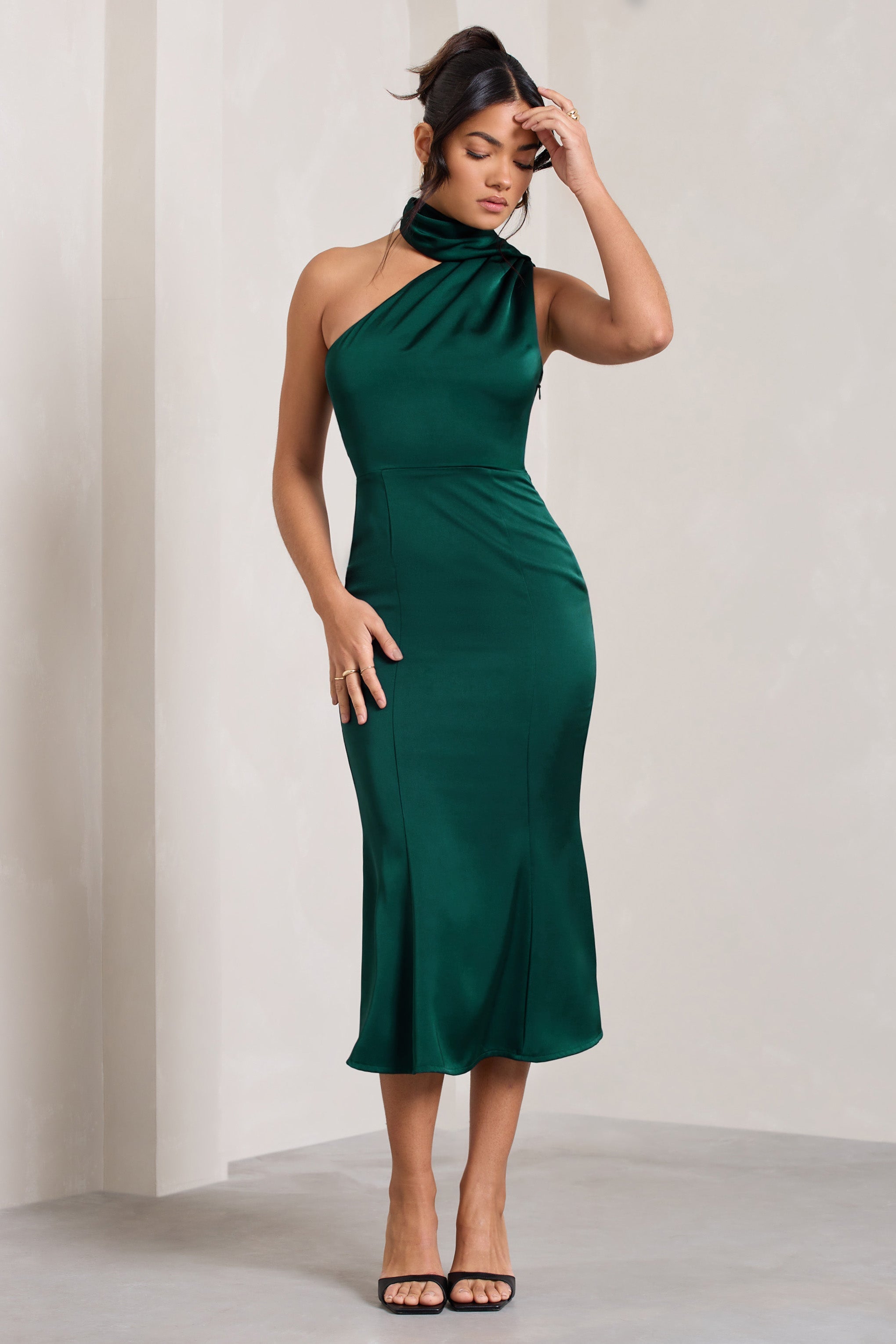 Golden Girl Bottle Green Satin Asymmetric High-Neck Flared Midi Dress-Fashionmomo.All Rights Reserved