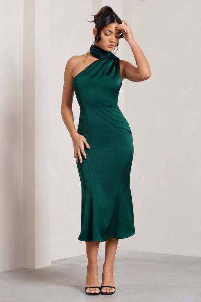Golden Girl Bottle Green Satin Asymmetric High-Neck Flared Midi Dress-Fashionmomo.All Rights Reserved