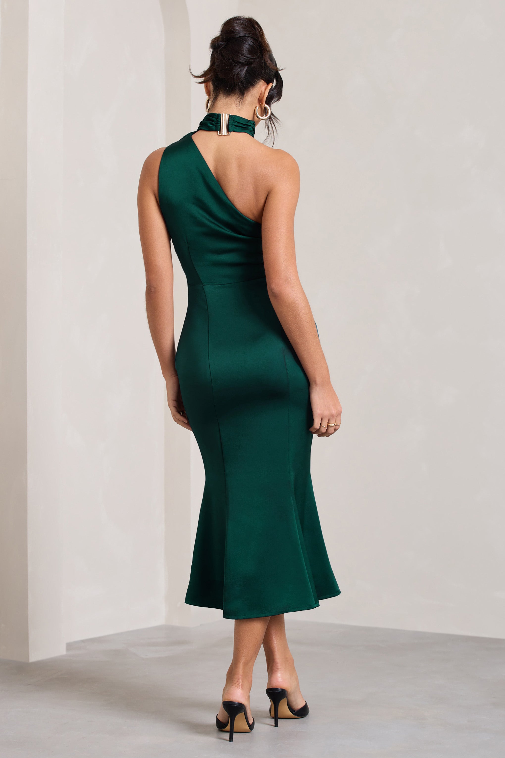 Golden Girl Bottle Green Satin Asymmetric High-Neck Flared Midi Dress-Fashionmomo.All Rights Reserved