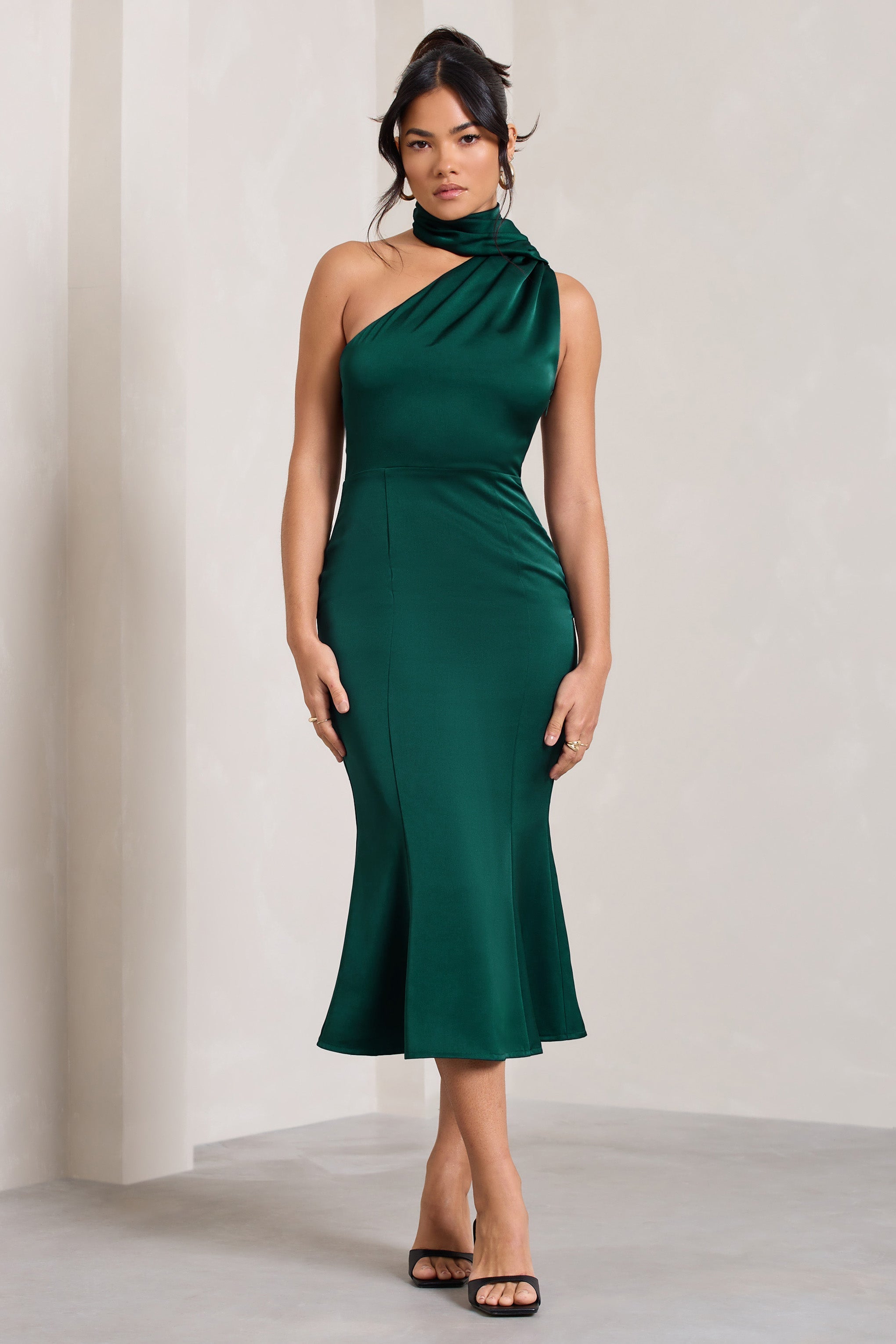Golden Girl Bottle Green Satin Asymmetric High-Neck Flared Midi Dress-Fashionmomo.All Rights Reserved