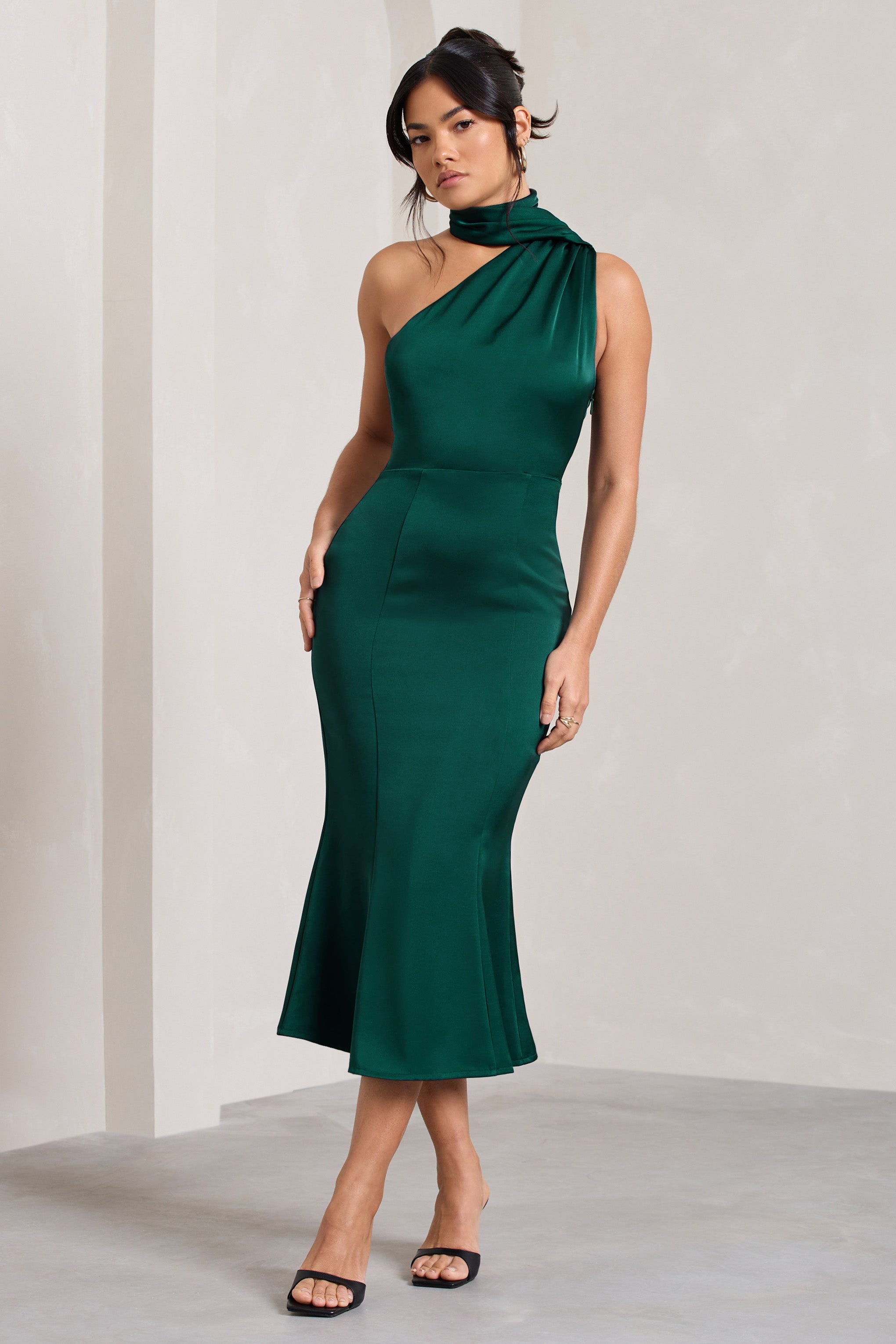 Golden Girl Bottle Green Satin Asymmetric High-Neck Flared Midi Dress-Fashionmomo.All Rights Reserved