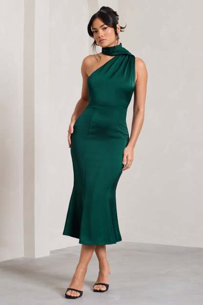 Golden Girl Bottle Green Satin Asymmetric High-Neck Flared Midi Dress-Fashionmomo.All Rights Reserved
