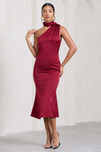 Golden Girl Burgundy Satin One Shoulder High-Neck Flared Midi Dress-Fashionmomo.All Rights Reserved