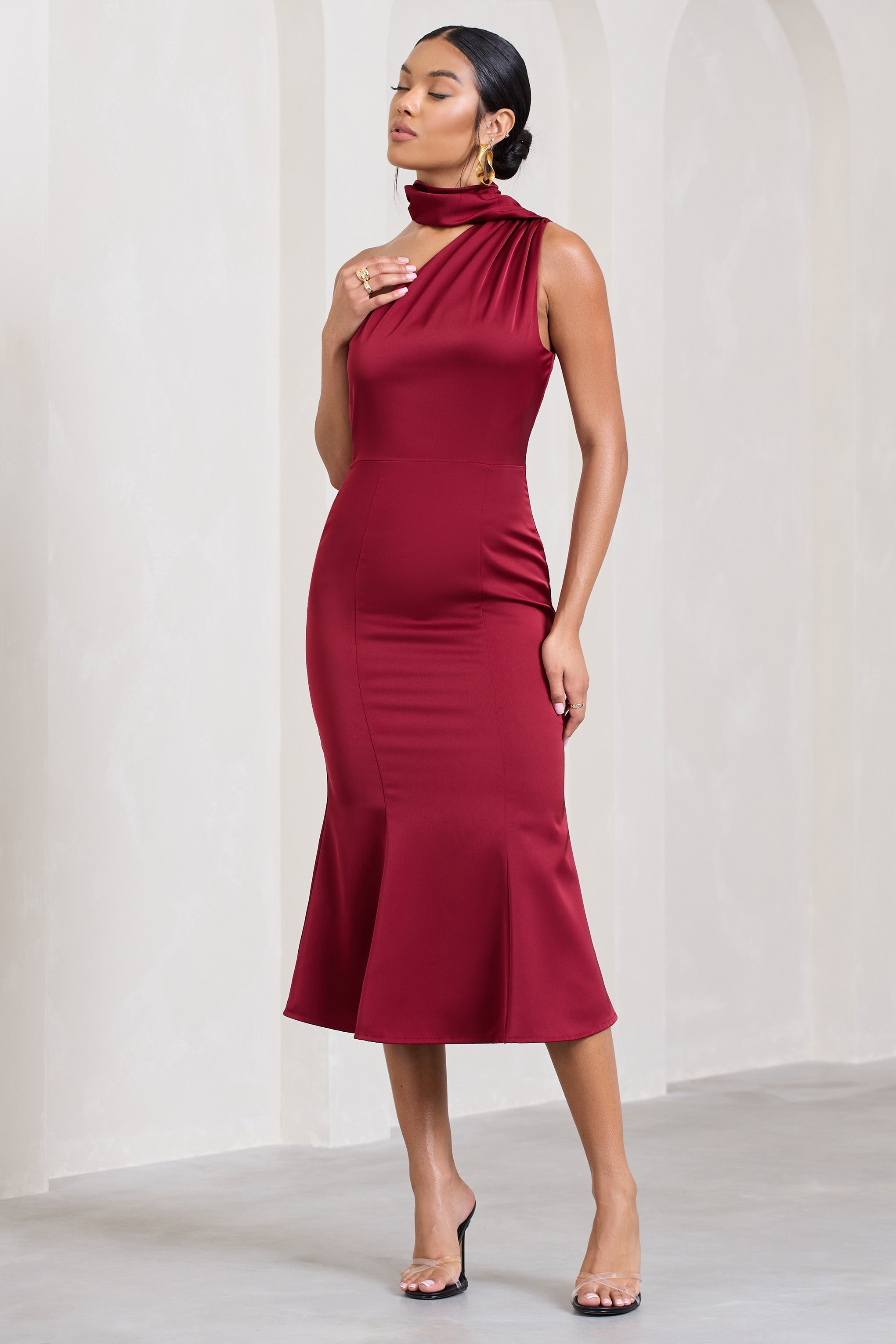 Golden Girl Burgundy Satin One Shoulder High-Neck Flared Midi Dress-Fashionmomo.All Rights Reserved