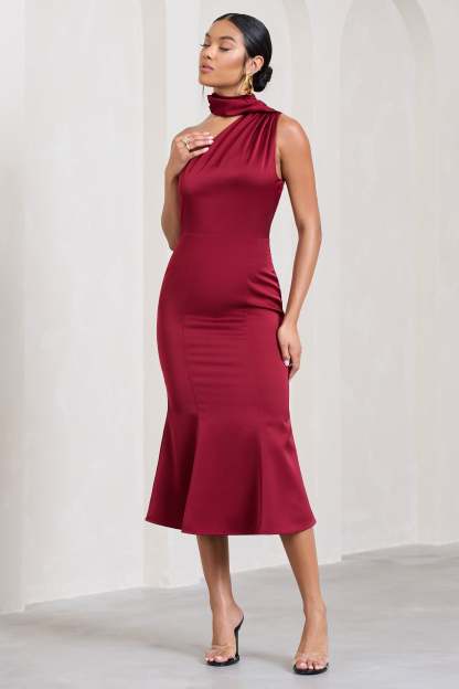 Golden Girl Burgundy Satin One Shoulder High-Neck Flared Midi Dress-Fashionmomo.All Rights Reserved