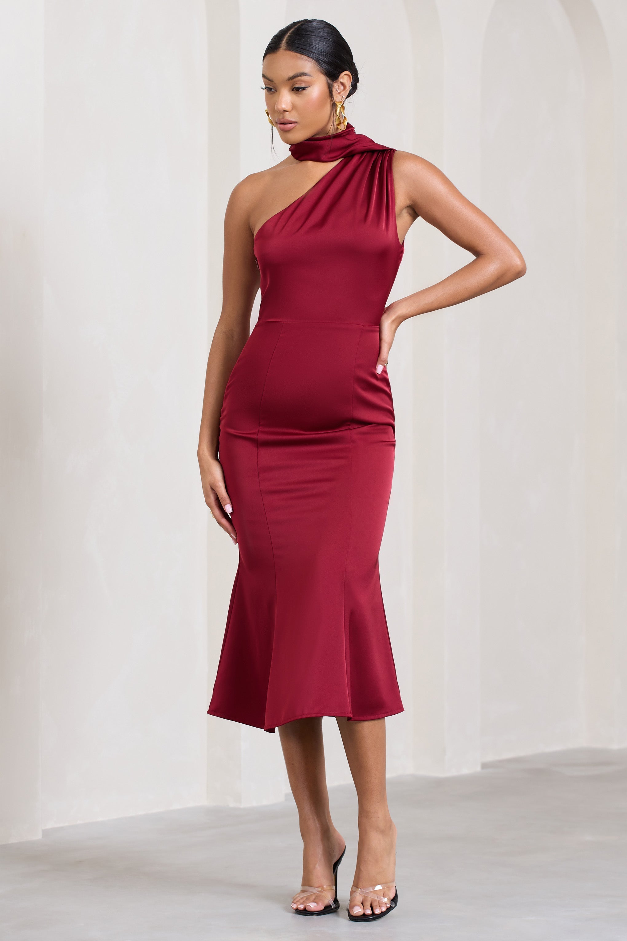 Golden Girl Burgundy Satin One Shoulder High-Neck Flared Midi Dress-Fashionmomo.All Rights Reserved
