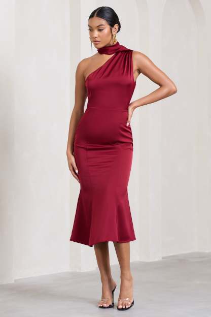Golden Girl Burgundy Satin One Shoulder High-Neck Flared Midi Dress-Fashionmomo.All Rights Reserved
