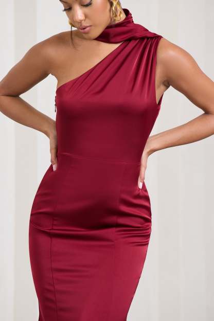 Golden Girl Burgundy Satin One Shoulder High-Neck Flared Midi Dress-Fashionmomo.All Rights Reserved