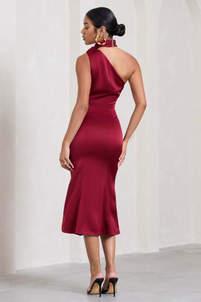 Golden Girl Burgundy Satin One Shoulder High-Neck Flared Midi Dress-Fashionmomo.All Rights Reserved