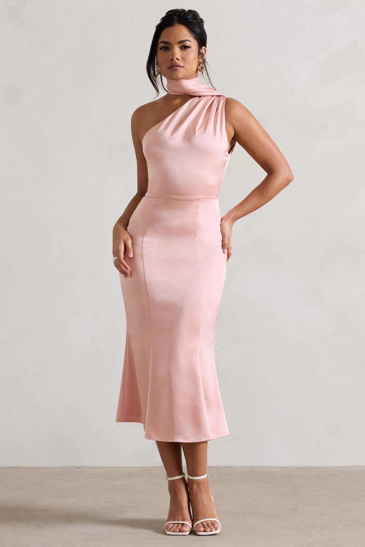 Golden Girl Blush Pink Satin Asymmetric High-Neck Flared Midi Dress-Fashionmomo.All Rights Reserved