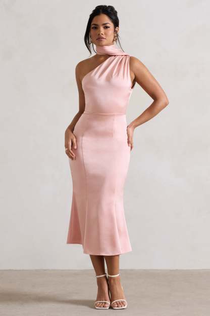 Golden Girl Blush Pink Satin Asymmetric High-Neck Flared Midi Dress-Fashionmomo.All Rights Reserved