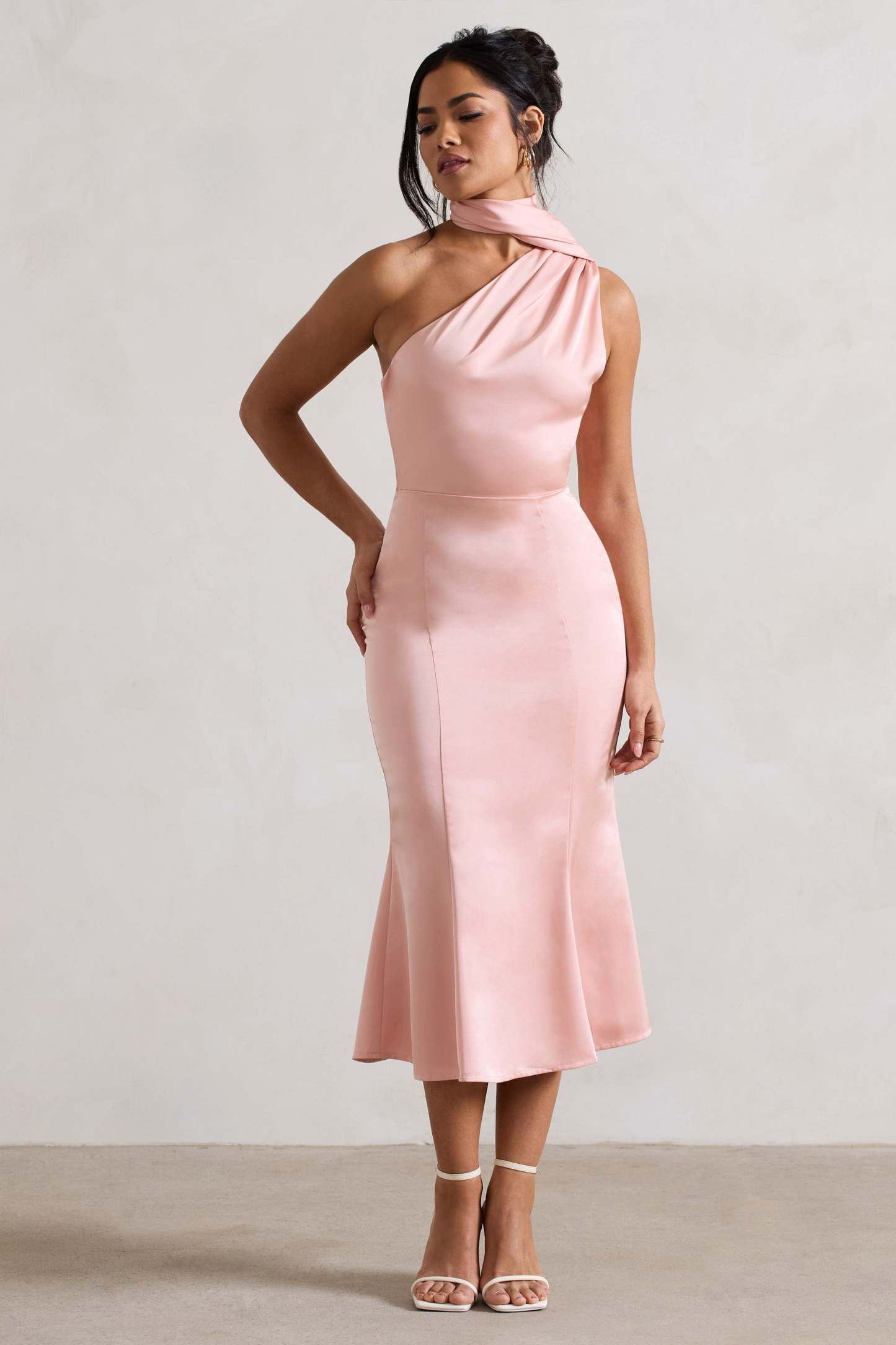Golden Girl Blush Pink Satin Asymmetric High-Neck Flared Midi Dress-Fashionmomo.All Rights Reserved