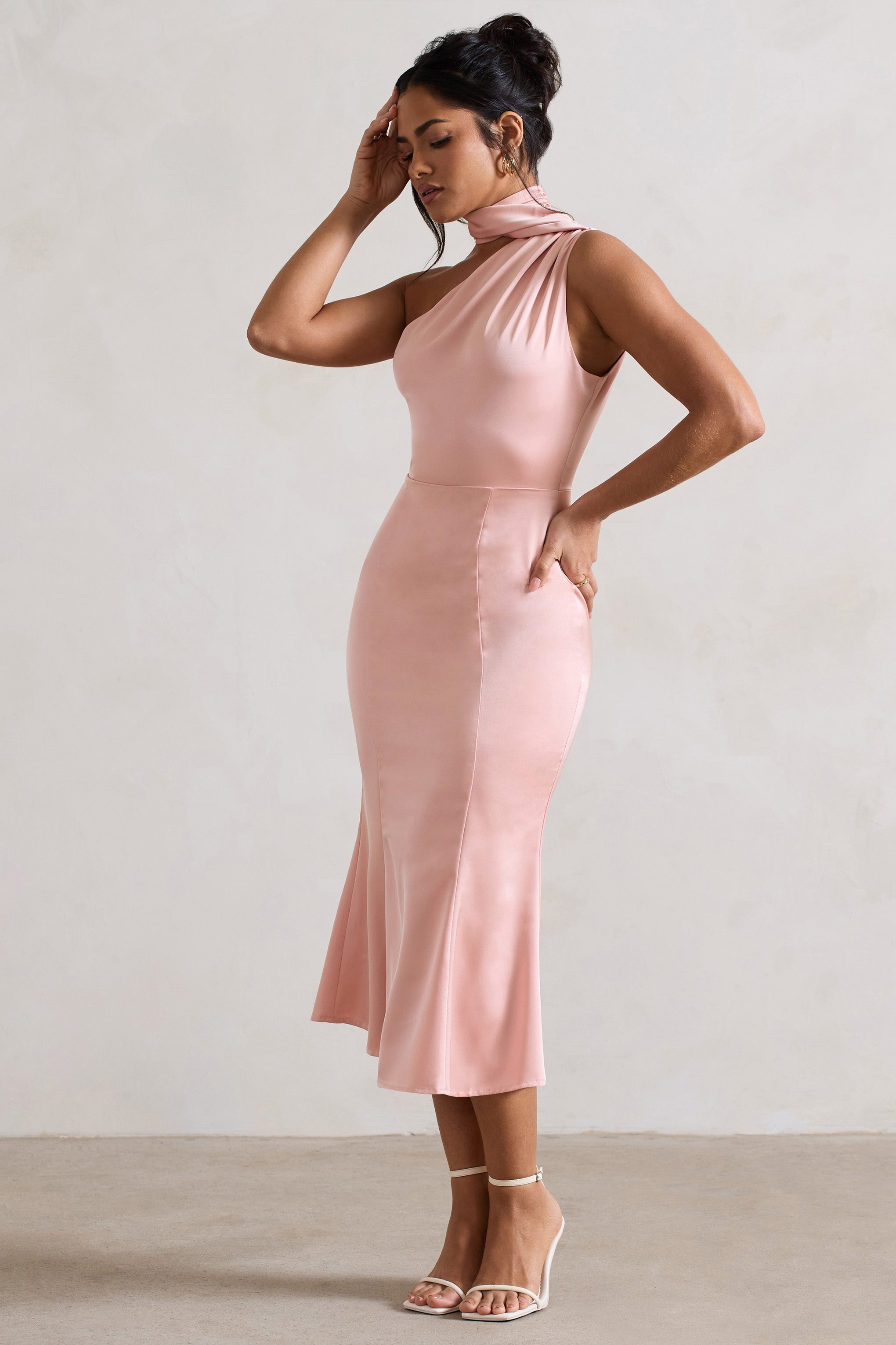 Golden Girl Blush Pink Satin Asymmetric High-Neck Flared Midi Dress-Fashionmomo.All Rights Reserved