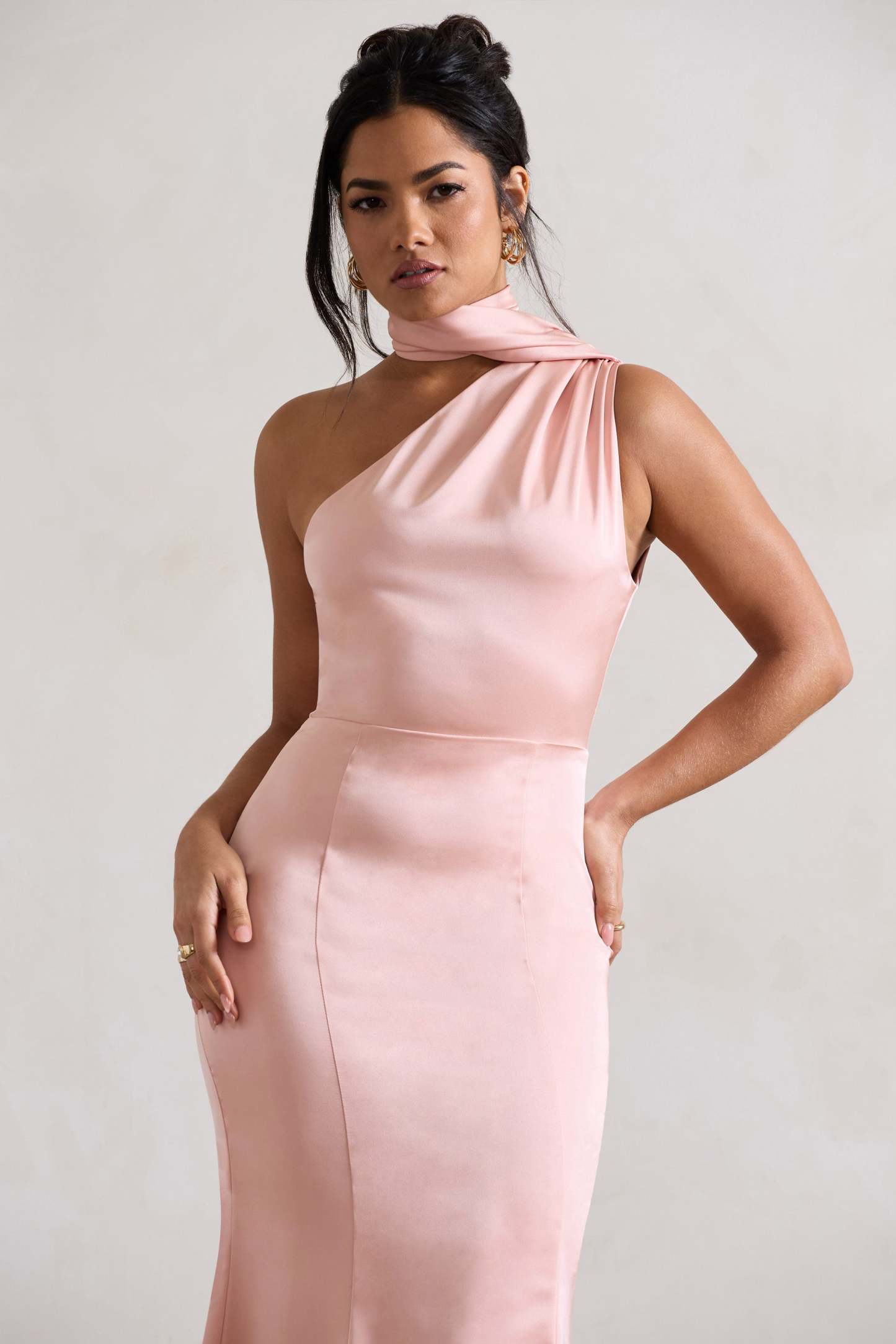 Golden Girl Blush Pink Satin Asymmetric High-Neck Flared Midi Dress-Fashionmomo.All Rights Reserved