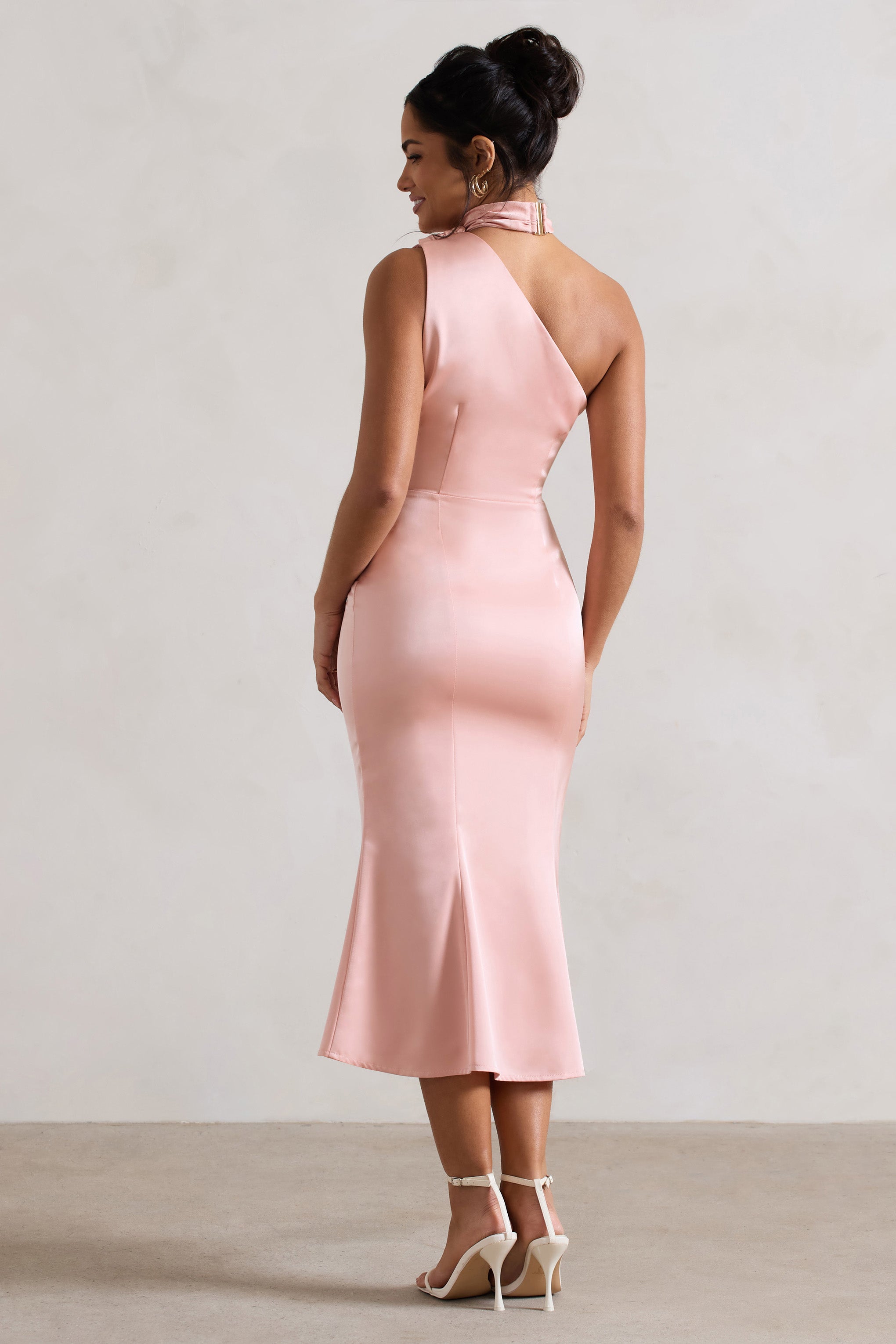 Golden Girl Blush Pink Satin Asymmetric High-Neck Flared Midi Dress-Fashionmomo.All Rights Reserved