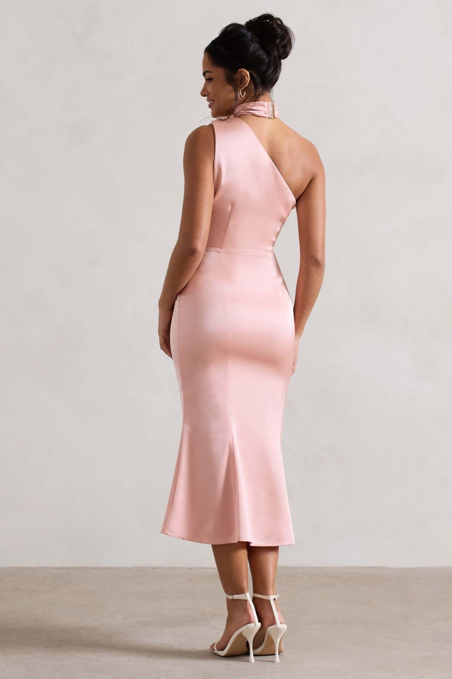 Golden Girl Blush Pink Satin Asymmetric High-Neck Flared Midi Dress-Fashionmomo.All Rights Reserved