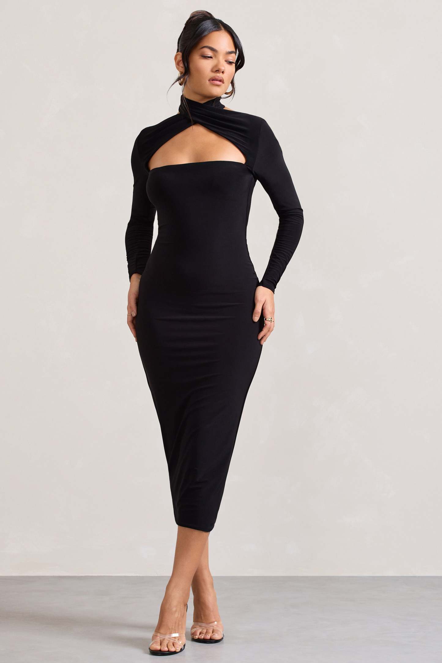High Hopes Black Halter-Neck Long-Sleeved Bodycon Midi Dress-Fashionmomo.All Rights Reserved