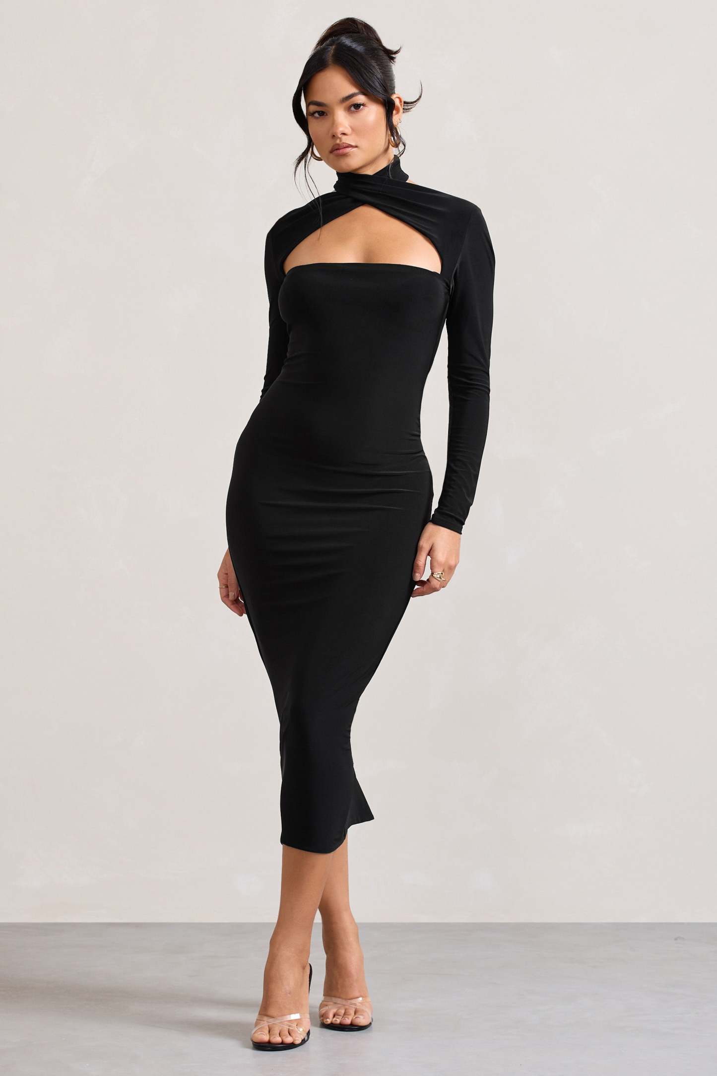 High Hopes Black Halter-Neck Long-Sleeved Bodycon Midi Dress-Fashionmomo.All Rights Reserved