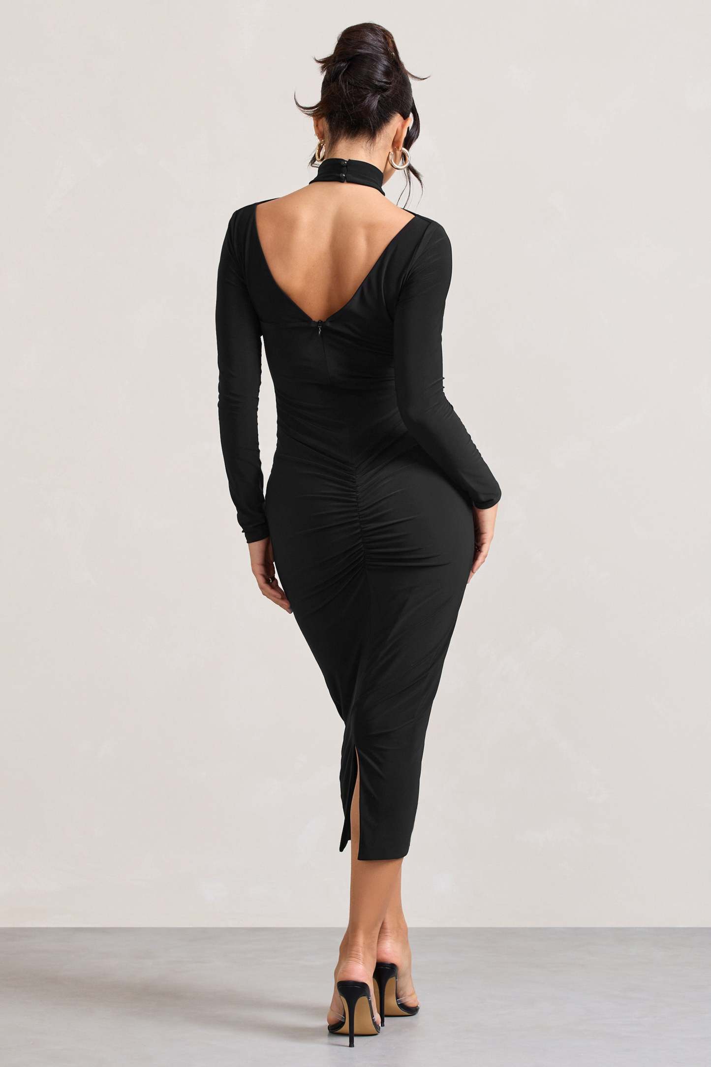 High Hopes Black Halter-Neck Long-Sleeved Bodycon Midi Dress-Fashionmomo.All Rights Reserved