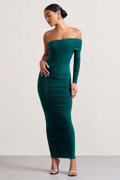 Afterparty Bottle Green Ruched Asymmetric Bodycon Maxi Dress-Fashionmomo.All Rights Reserved