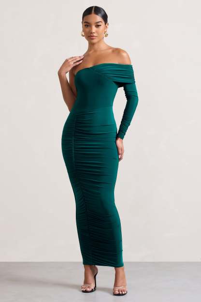 Afterparty Bottle Green Ruched Asymmetric Bodycon Maxi Dress-Fashionmomo.All Rights Reserved