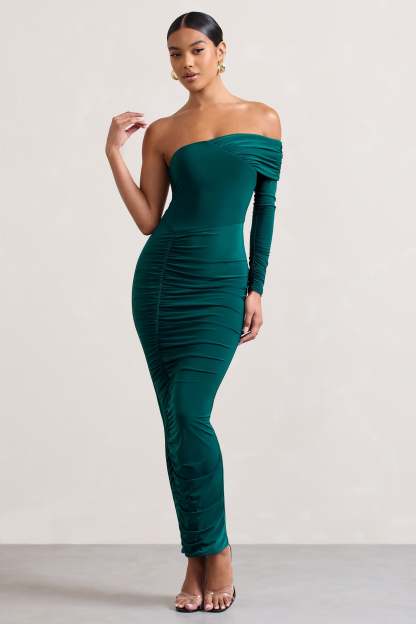 Afterparty Bottle Green Ruched Asymmetric Bodycon Maxi Dress-Fashionmomo.All Rights Reserved