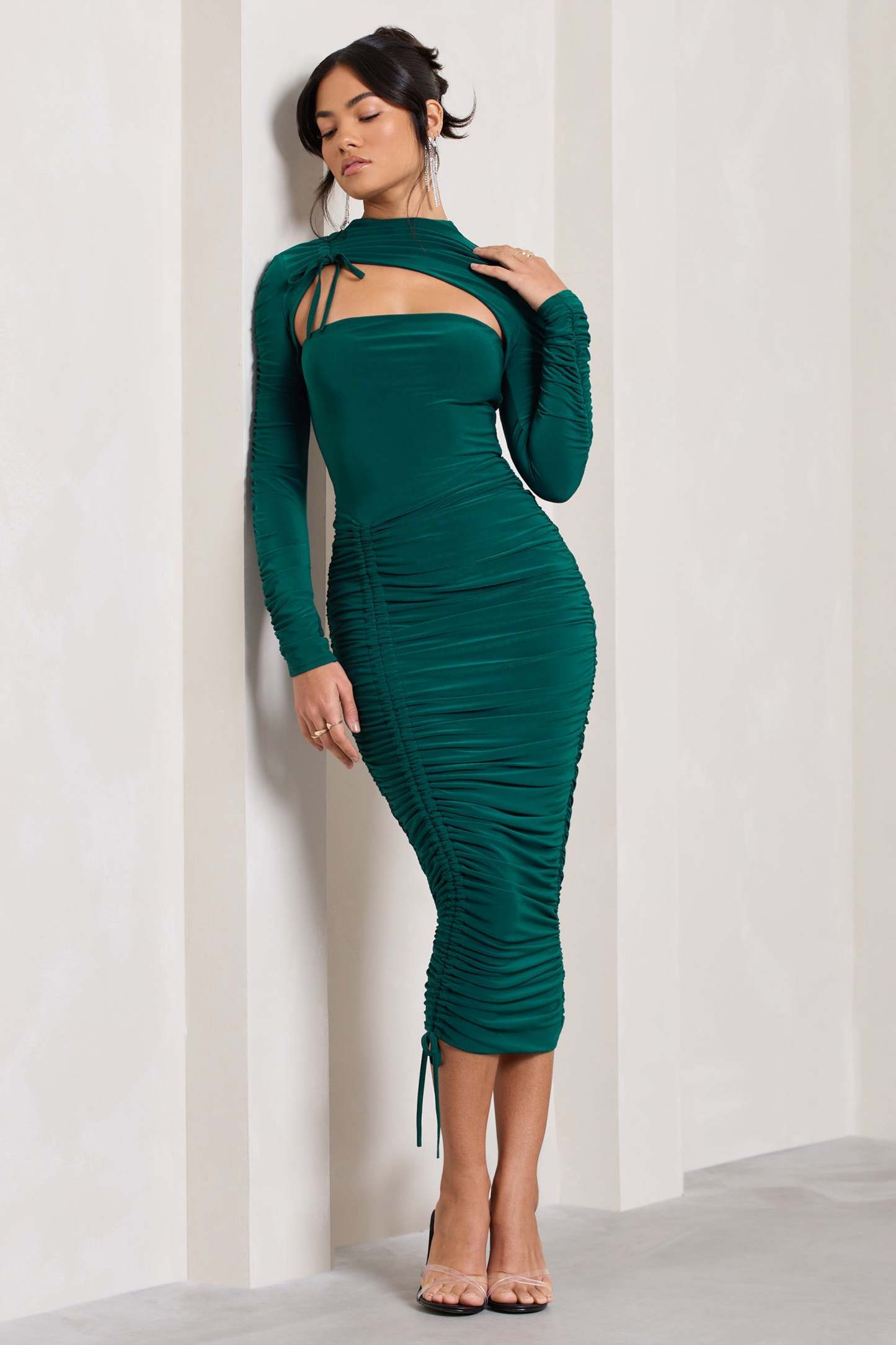 Eveline Bottle Green Ruched High-Neck Long-Sleeved Bodycon Midi Dress-Fashionmomo.All Rights Reserved