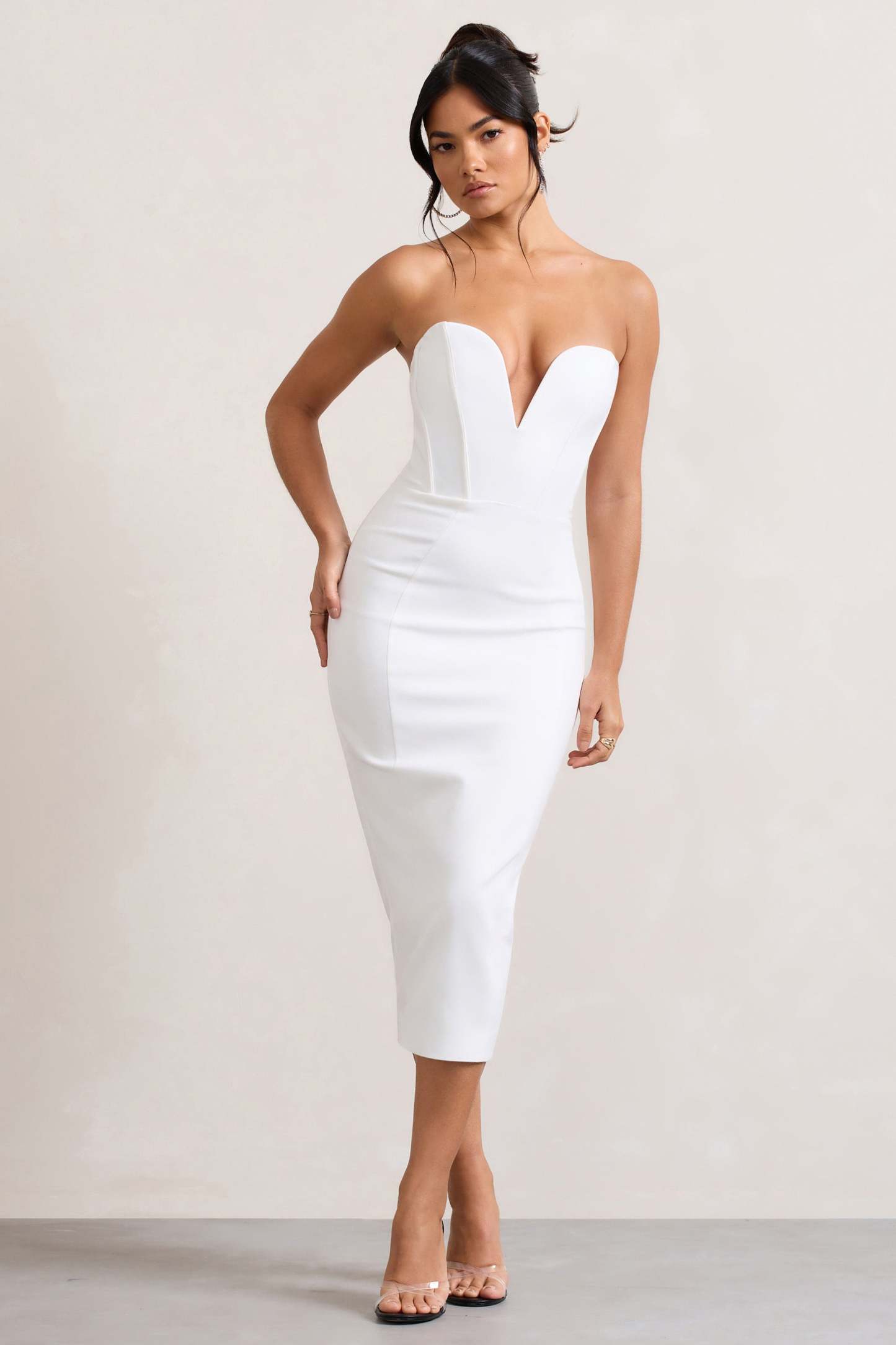 Hailey White Strapless Sweetheart Corset Midi Dress-Fashionmomo.All Rights Reserved