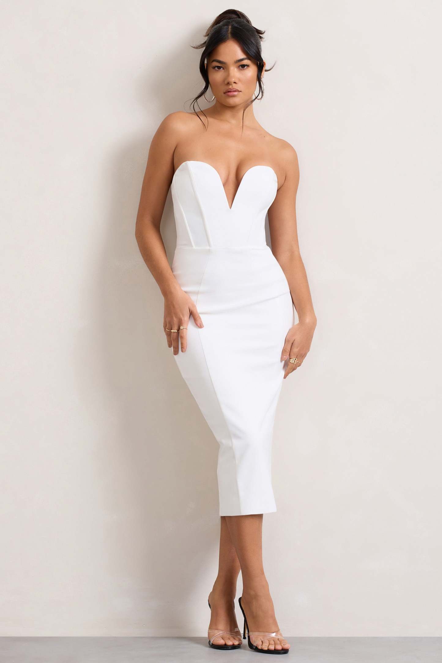 Hailey White Strapless Sweetheart Corset Midi Dress-Fashionmomo.All Rights Reserved