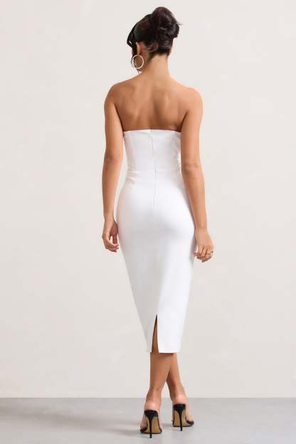 Hailey White Strapless Sweetheart Corset Midi Dress-Fashionmomo.All Rights Reserved