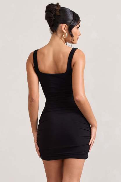 Porto Black Square-Neck Strappy Bodycon Mini Dress-Fashionmomo.All Rights Reserved